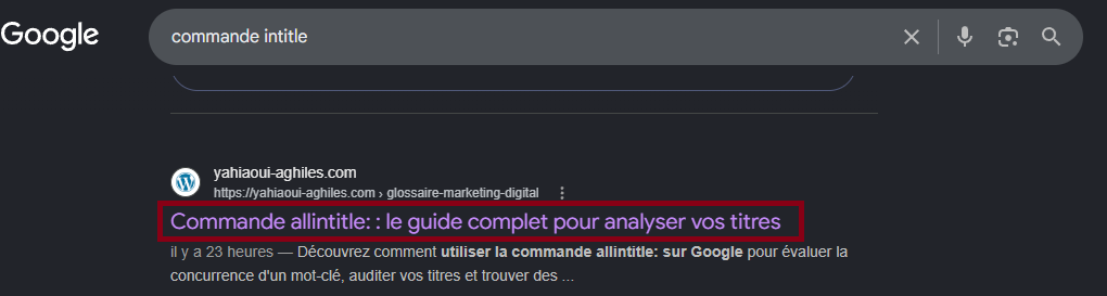 Exemple de titre dans la SERP Google