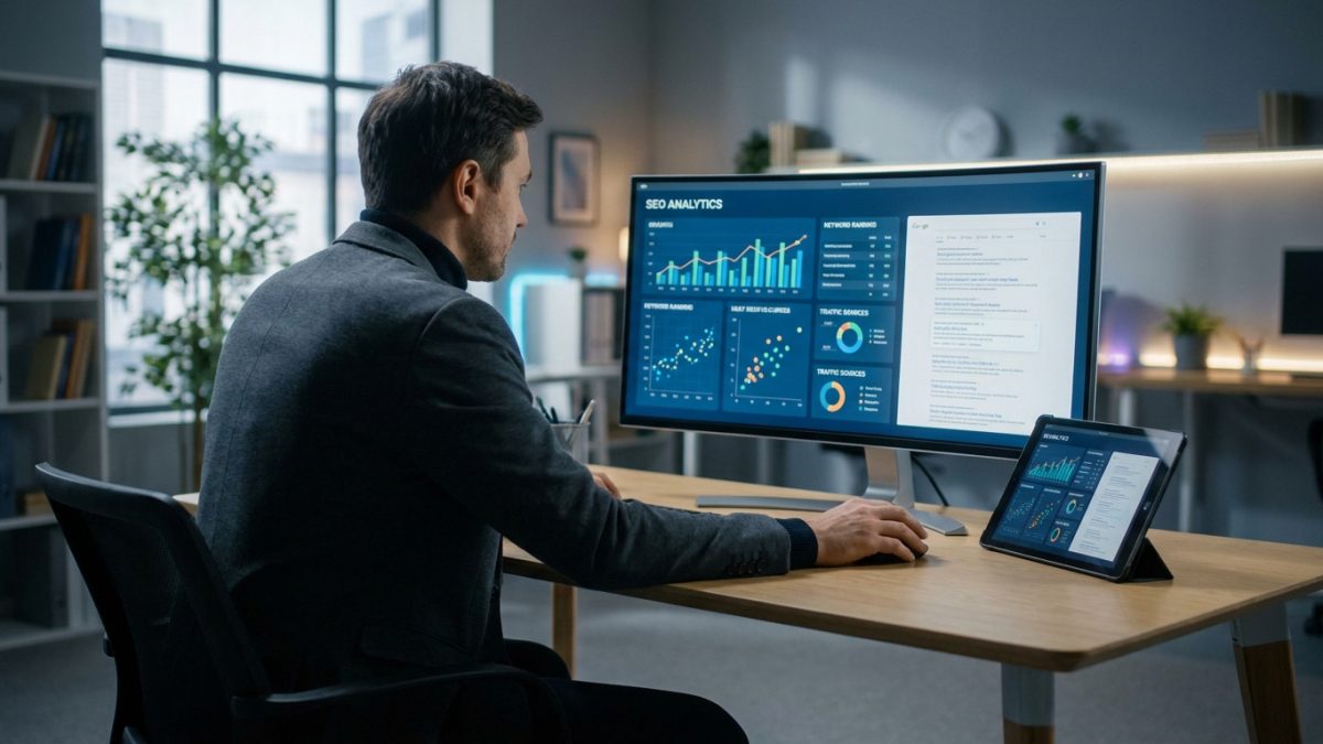 Un professionnel analyse les données SEO sur un grand écran et une tablette dans un bureau moderne.