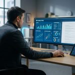 Un professionnel analyse les données SEO sur un grand écran et une tablette dans un bureau moderne.