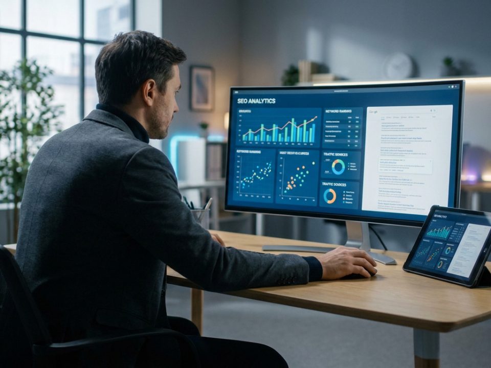 Un professionnel analyse les données SEO sur un grand écran et une tablette dans un bureau moderne.