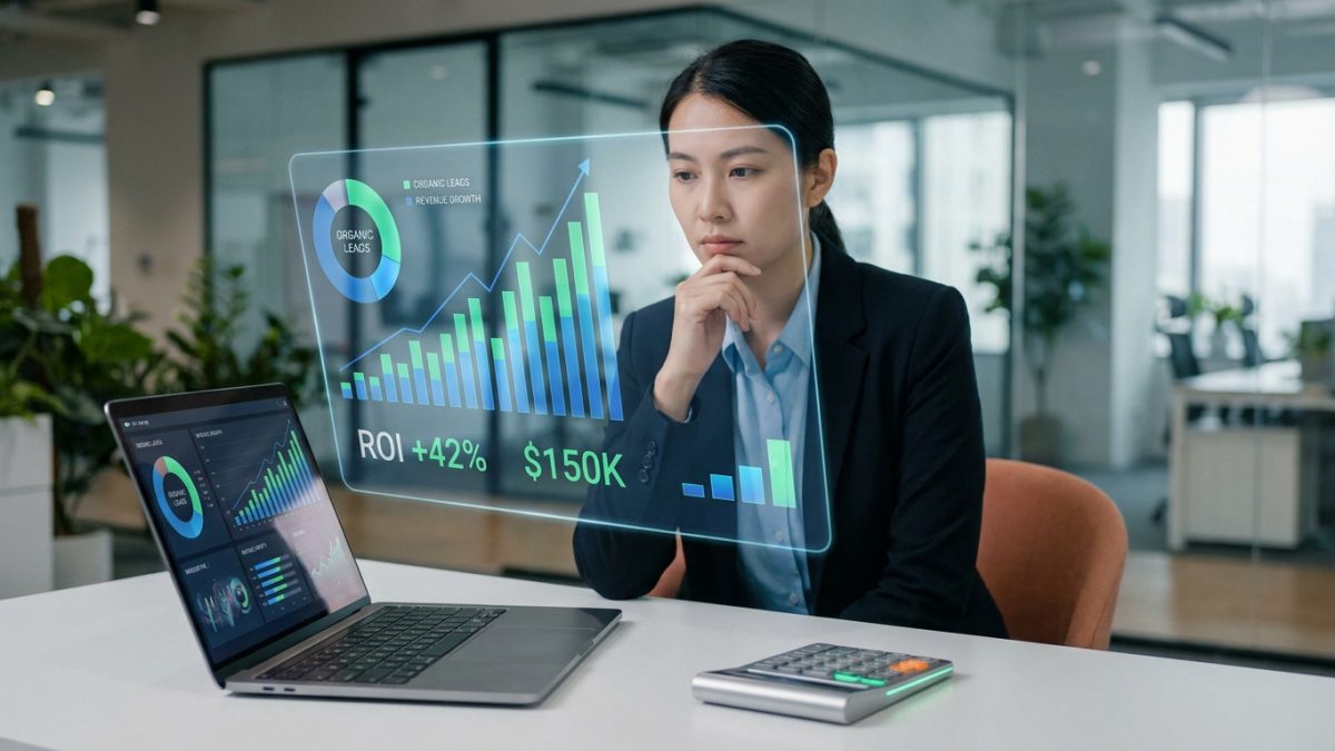 Une femme d'affaires analysant des données de croissance SEO et de ROI sur un écran holographique dans un bureau.