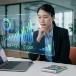 Une femme d'affaires analysant des données de croissance SEO et de ROI sur un écran holographique dans un bureau.