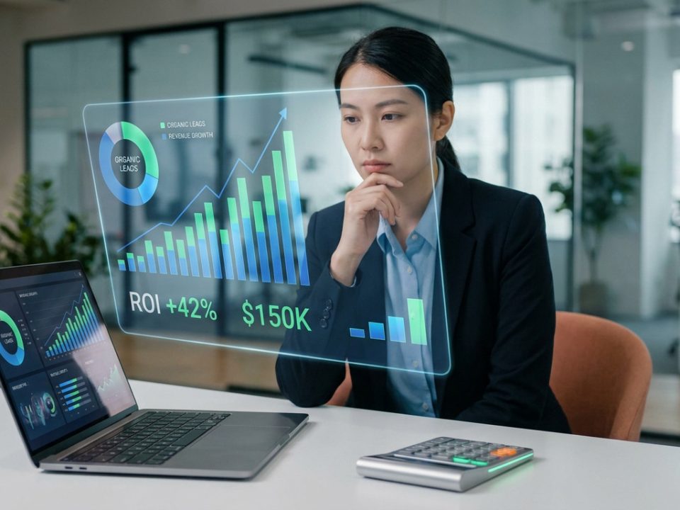 Une femme d'affaires analysant des données de croissance SEO et de ROI sur un écran holographique dans un bureau.