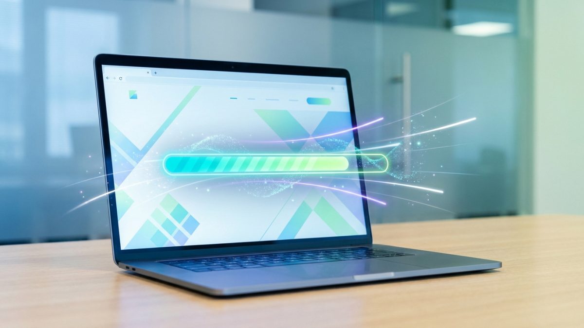 Ordinateur portable affichant une barre de progression numérique lumineuse symbolisant une vitesse de chargement rapide.