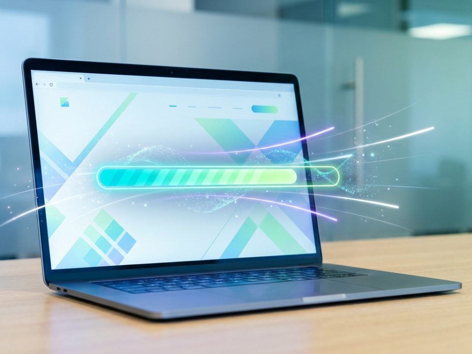 Ordinateur portable affichant une barre de progression numérique lumineuse symbolisant une vitesse de chargement rapide.